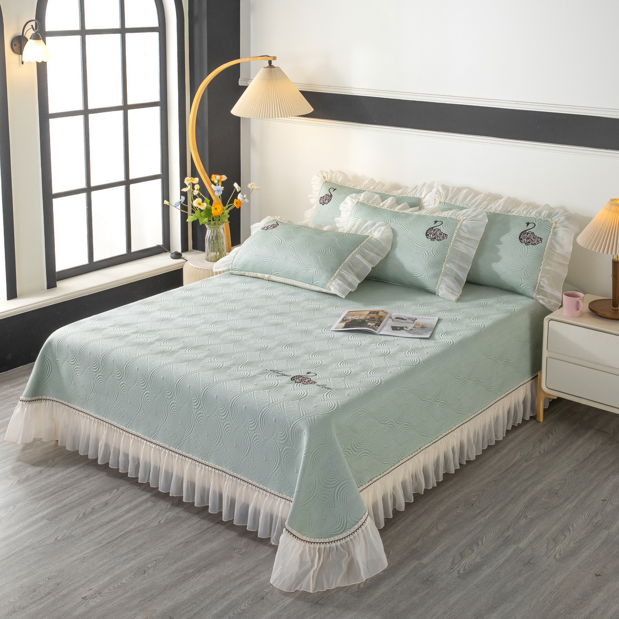 91家纺网 家纺一手货源 找家纺 木兰花 2026新款凉豆豆款PE高分子复合凉感席床盖款凉席三件套-控价228 天鹅之恋-豆蔻绿