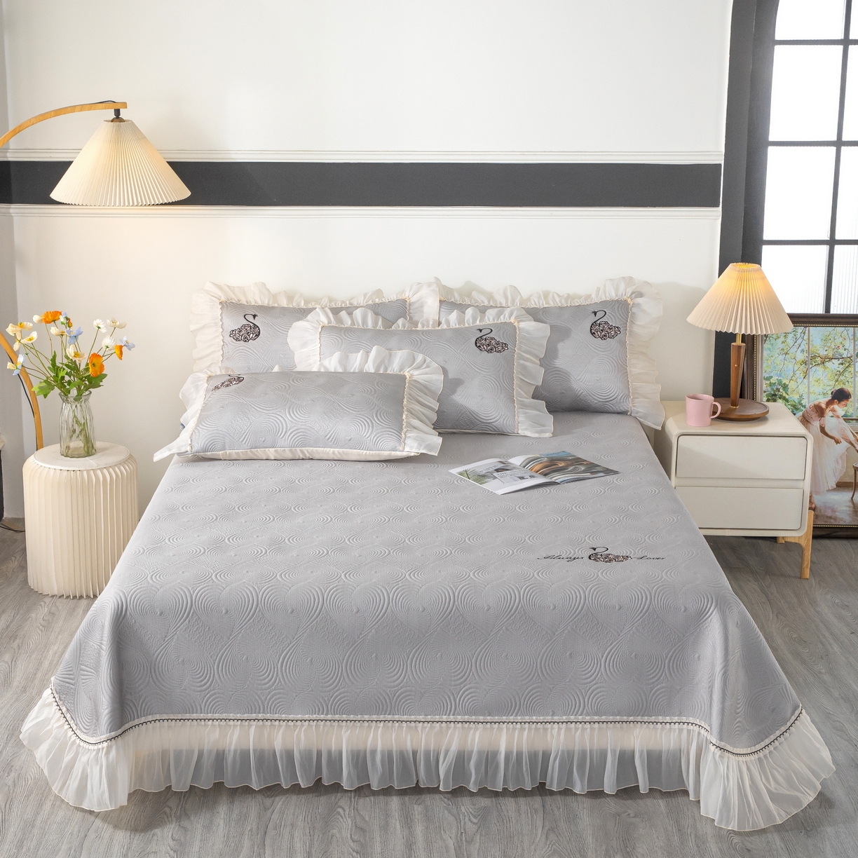 木兰花 2026新款凉豆豆款PE高分子复合凉感席床盖款凉席三件套-控价228 天鹅之恋-雾灰