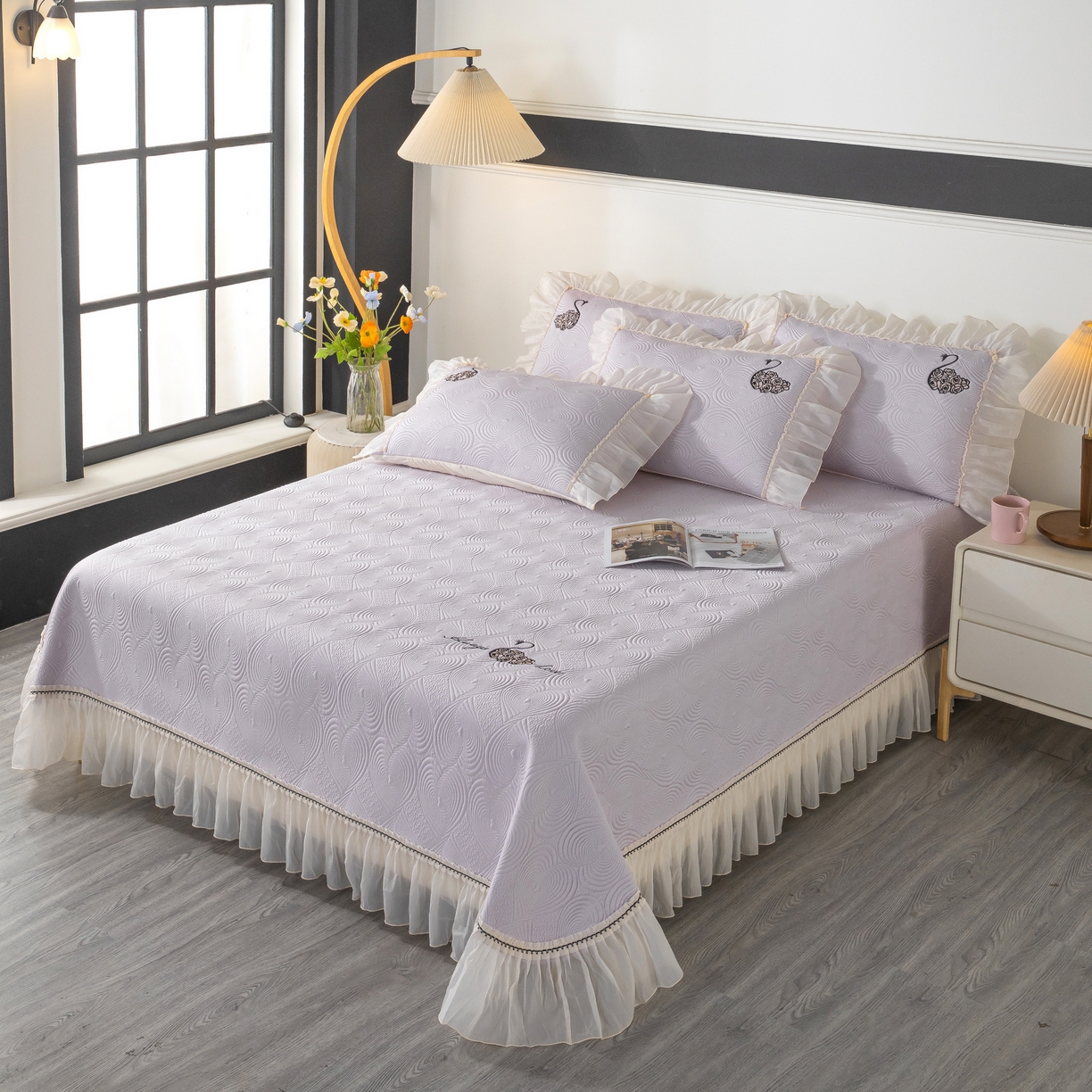 91家纺网 家纺一手货源 找家纺 木兰花 2026新款凉豆豆款PE高分子复合凉感席床盖款凉席三件套-控价228 天鹅之恋-香芋紫