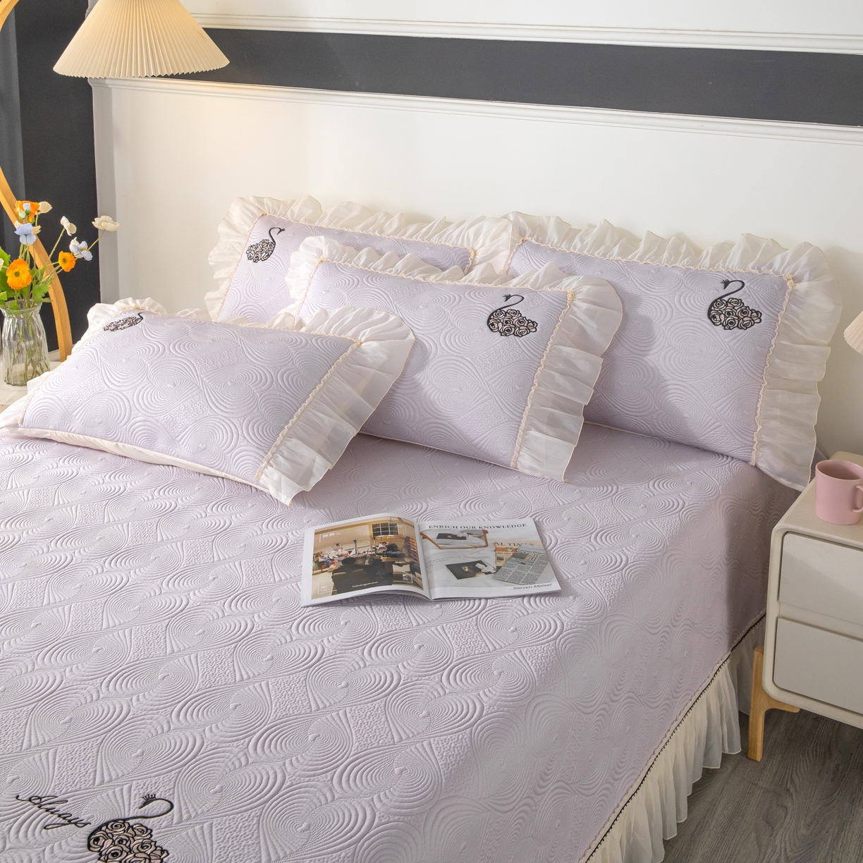 91家纺网 家纺一手货源 找家纺 木兰花 2026新款凉豆豆款PE高分子复合凉感席床盖款凉席三件套-控价228 天鹅之恋-香芋紫