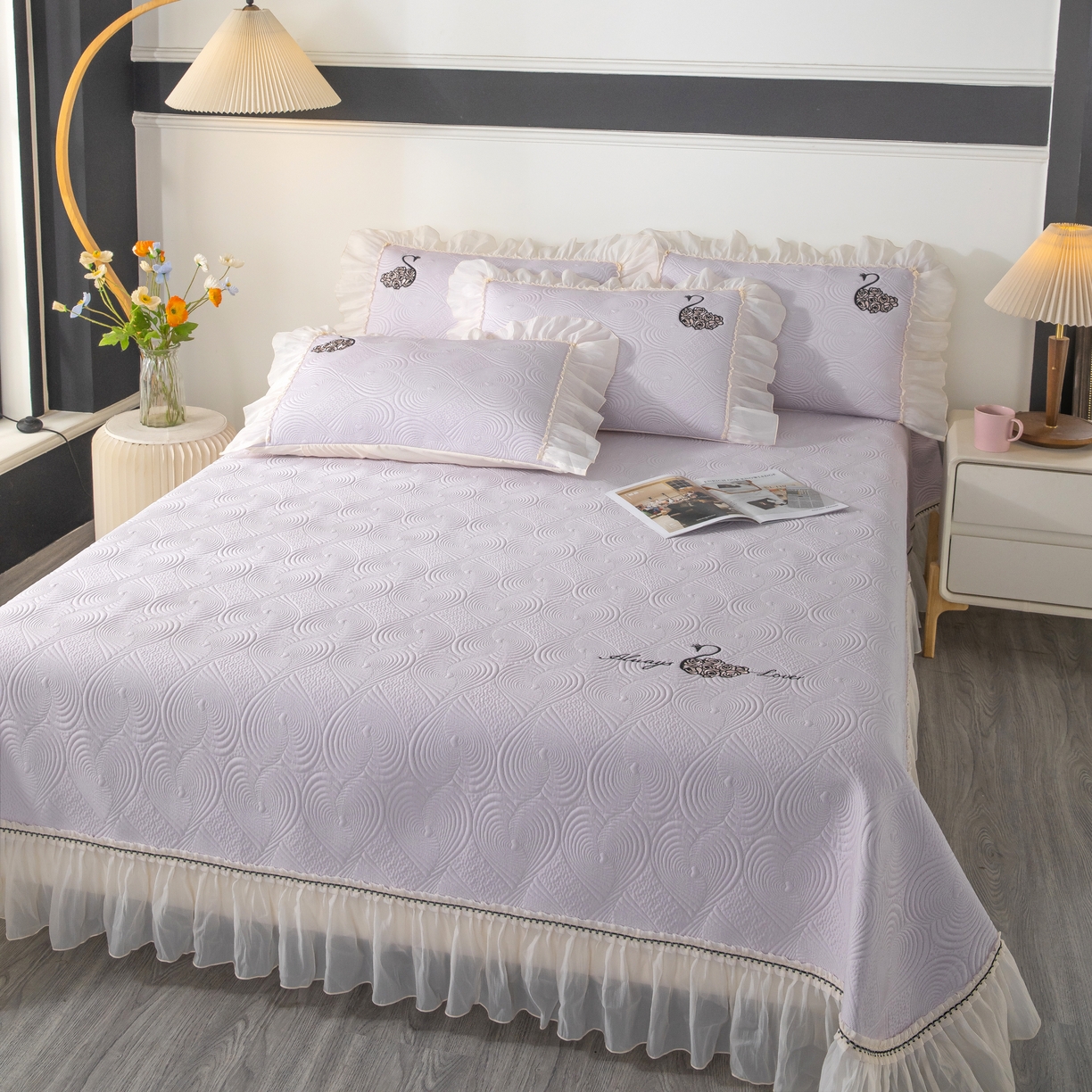 91家纺网 家纺一手货源 找家纺 木兰花 2026新款凉豆豆款PE高分子复合凉感席床盖款凉席三件套-控价228 天鹅之恋-香芋紫