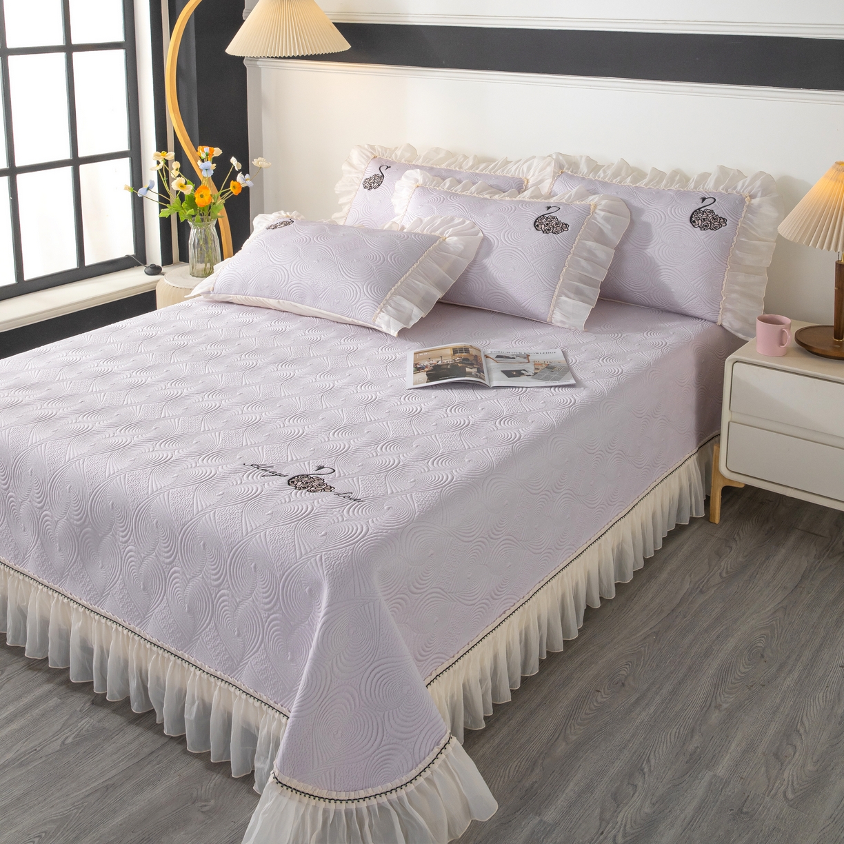 91家纺网 家纺一手货源 找家纺 木兰花 2026新款凉豆豆款PE高分子复合凉感席床盖款凉席三件套-控价228 天鹅之恋-香芋紫