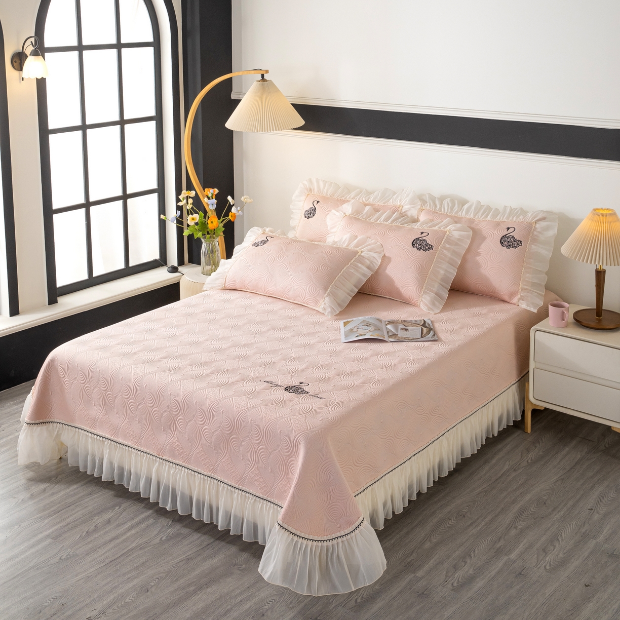 91家纺网 家纺一手货源 找家纺 木兰花 2026新款凉豆豆款PE高分子复合凉感席床盖款凉席三件套-控价228 天鹅之恋-樱花粉