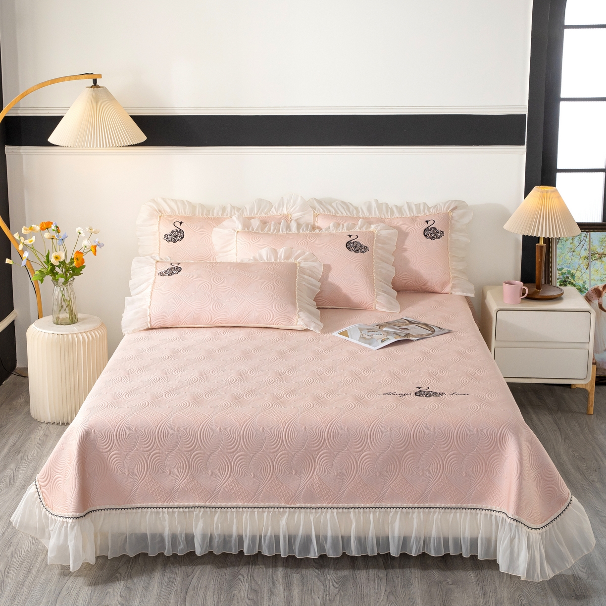 木兰花 2026新款凉豆豆款PE高分子复合凉感席床盖款凉席三件套-控价228 天鹅之恋-樱花粉