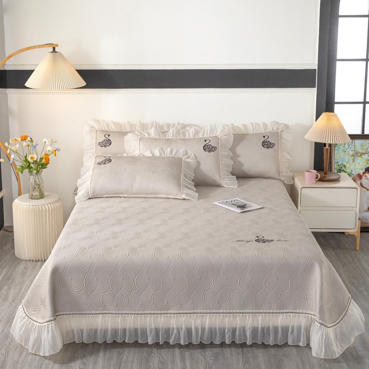 木兰花 2026新款凉豆豆款PE高分子复合凉感席床盖款凉席三件套-控价228 天鹅之恋-云灰