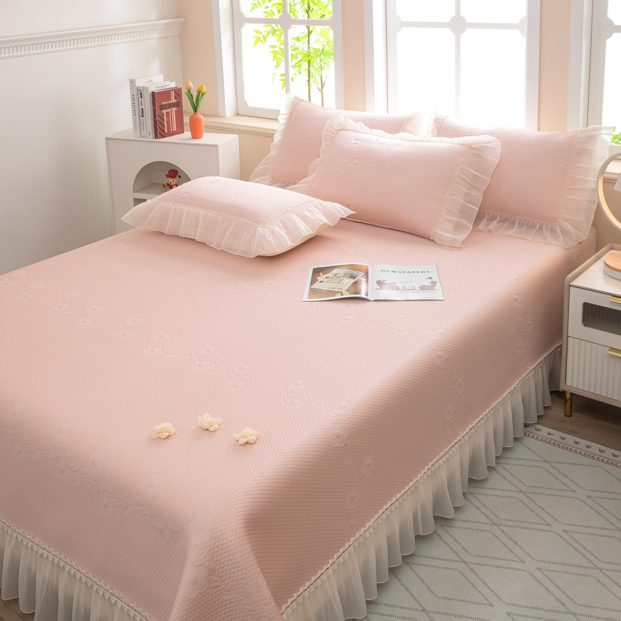 91家纺网 家纺一手货源 找家纺 （总）木兰花 2026新款凉豆豆款PE高分子复合凉感席床盖款凉席三件套-朝花夕拾（可配同色系夏被）控价218