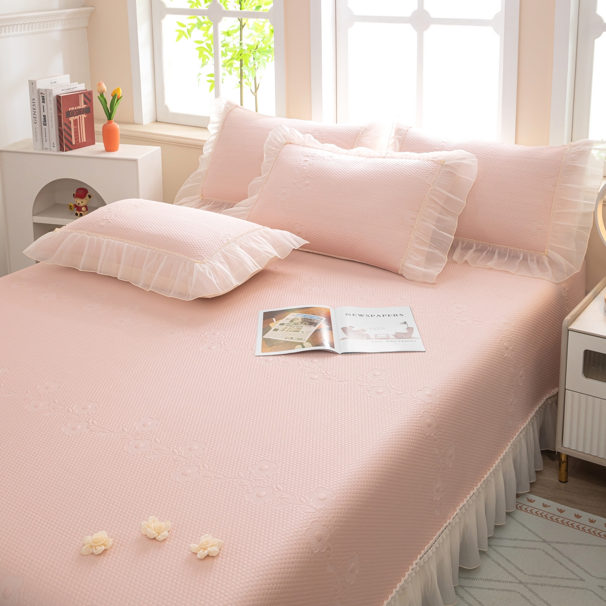 91家纺网 家纺一手货源 找家纺 （总）木兰花 2026新款凉豆豆款PE高分子复合凉感席床盖款凉席三件套-朝花夕拾（可配同色系夏被）控价218