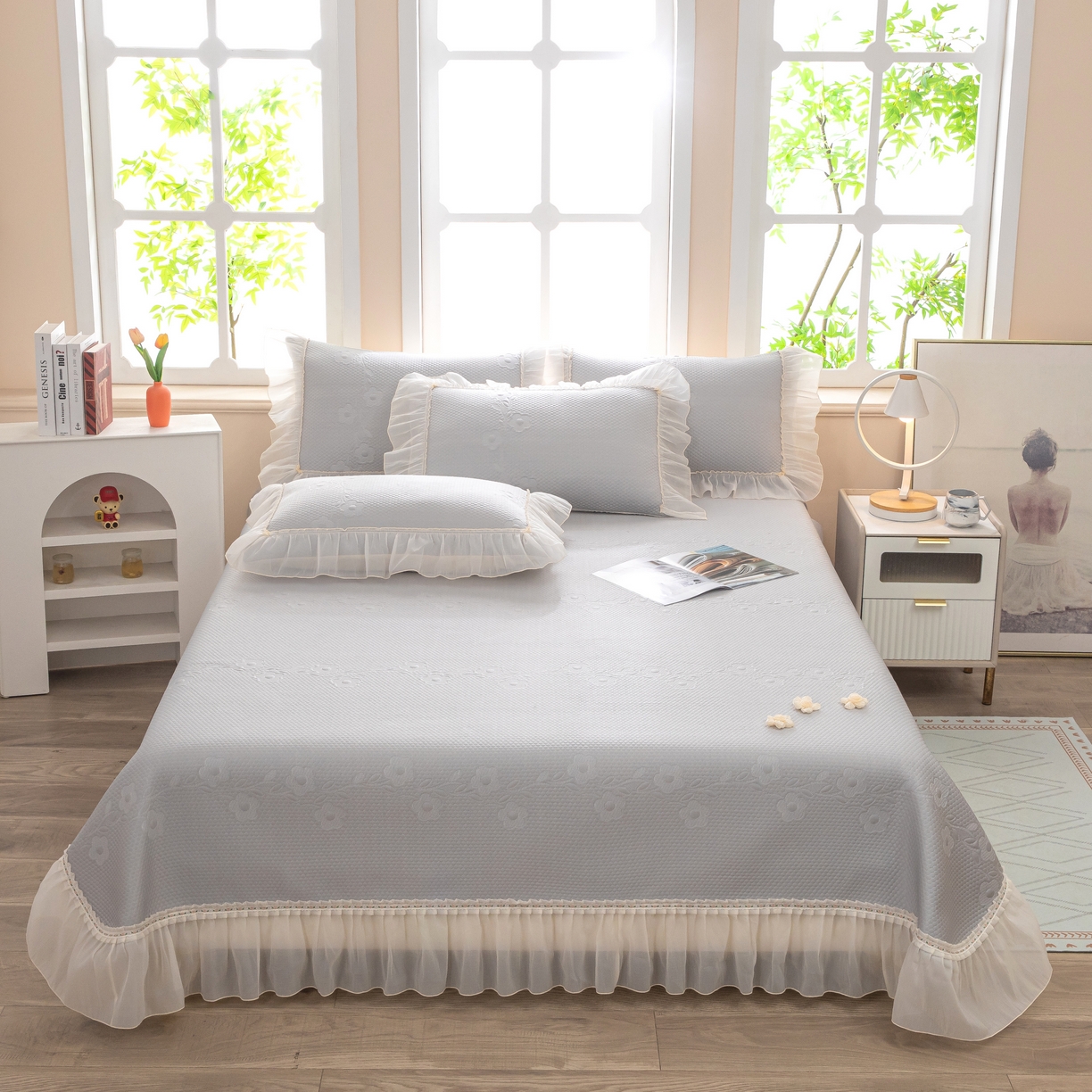 91家纺网 家纺一手货源 找家纺 木兰花 2026新款凉豆豆款PE高分子复合凉感席床盖款凉席三件套-朝花夕拾（可配同色系夏被）控价218 朝花夕拾-灰色