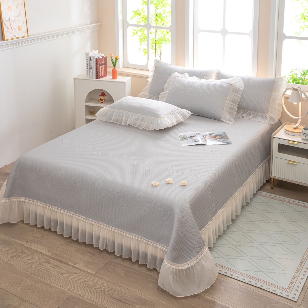 91家纺网 家纺一手货源 找家纺 木兰花 2026新款凉豆豆款PE高分子复合凉感席床盖款凉席三件套-朝花夕拾（可配同色系夏被）控价218 朝花夕拾-灰色