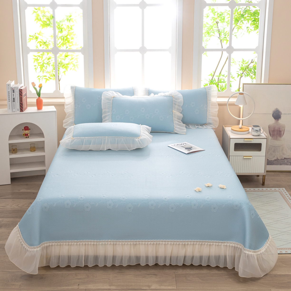 91家纺网 家纺一手货源 找家纺 木兰花 2026新款凉豆豆款PE高分子复合凉感席床盖款凉席三件套-朝花夕拾（可配同色系夏被）控价218 朝花夕拾-蓝色