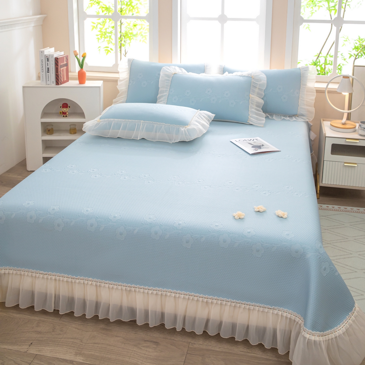 91家纺网 家纺一手货源 找家纺 木兰花 2026新款凉豆豆款PE高分子复合凉感席床盖款凉席三件套-朝花夕拾（可配同色系夏被）控价218 朝花夕拾-蓝色