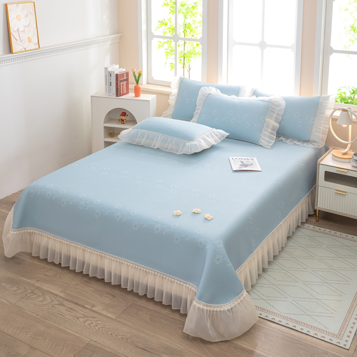 91家纺网 家纺一手货源 找家纺 木兰花 2026新款凉豆豆款PE高分子复合凉感席床盖款凉席三件套-朝花夕拾（可配同色系夏被）控价218 朝花夕拾-蓝色