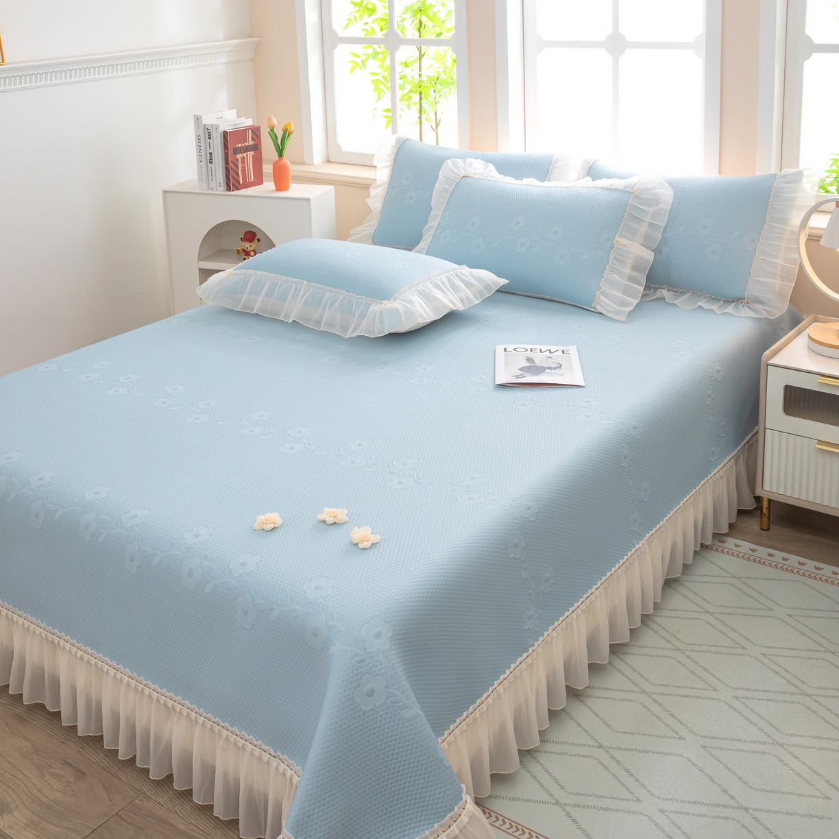 91家纺网 家纺一手货源 找家纺 木兰花 2026新款凉豆豆款PE高分子复合凉感席床盖款凉席三件套-朝花夕拾（可配同色系夏被）控价218 朝花夕拾-蓝色