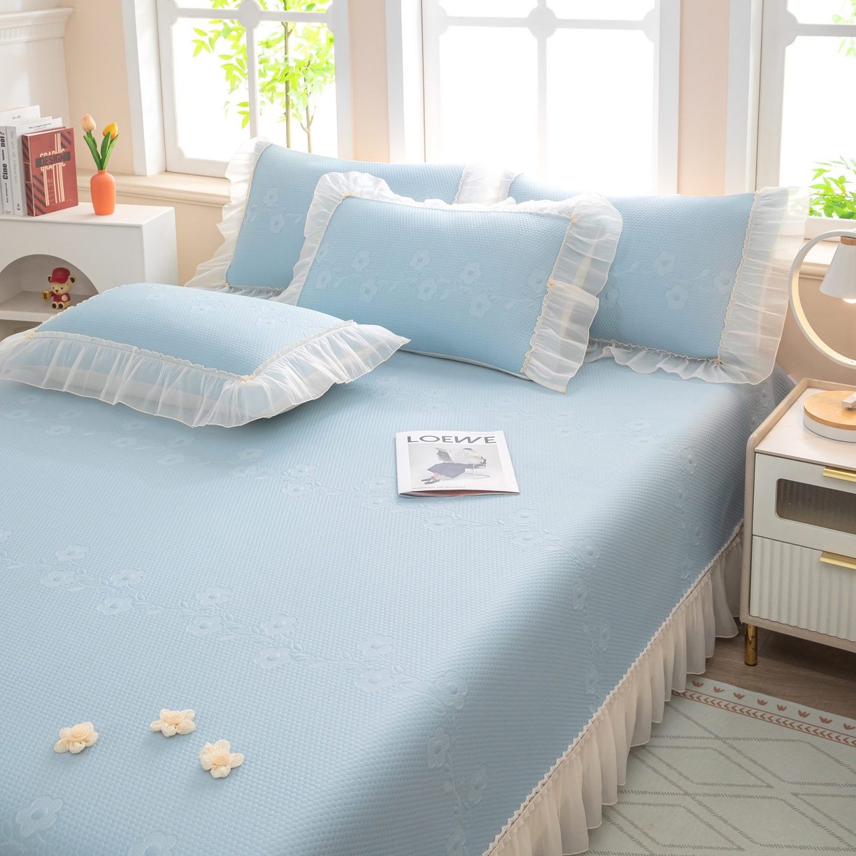 91家纺网 家纺一手货源 找家纺 木兰花 2026新款凉豆豆款PE高分子复合凉感席床盖款凉席三件套-朝花夕拾（可配同色系夏被）控价218 朝花夕拾-蓝色