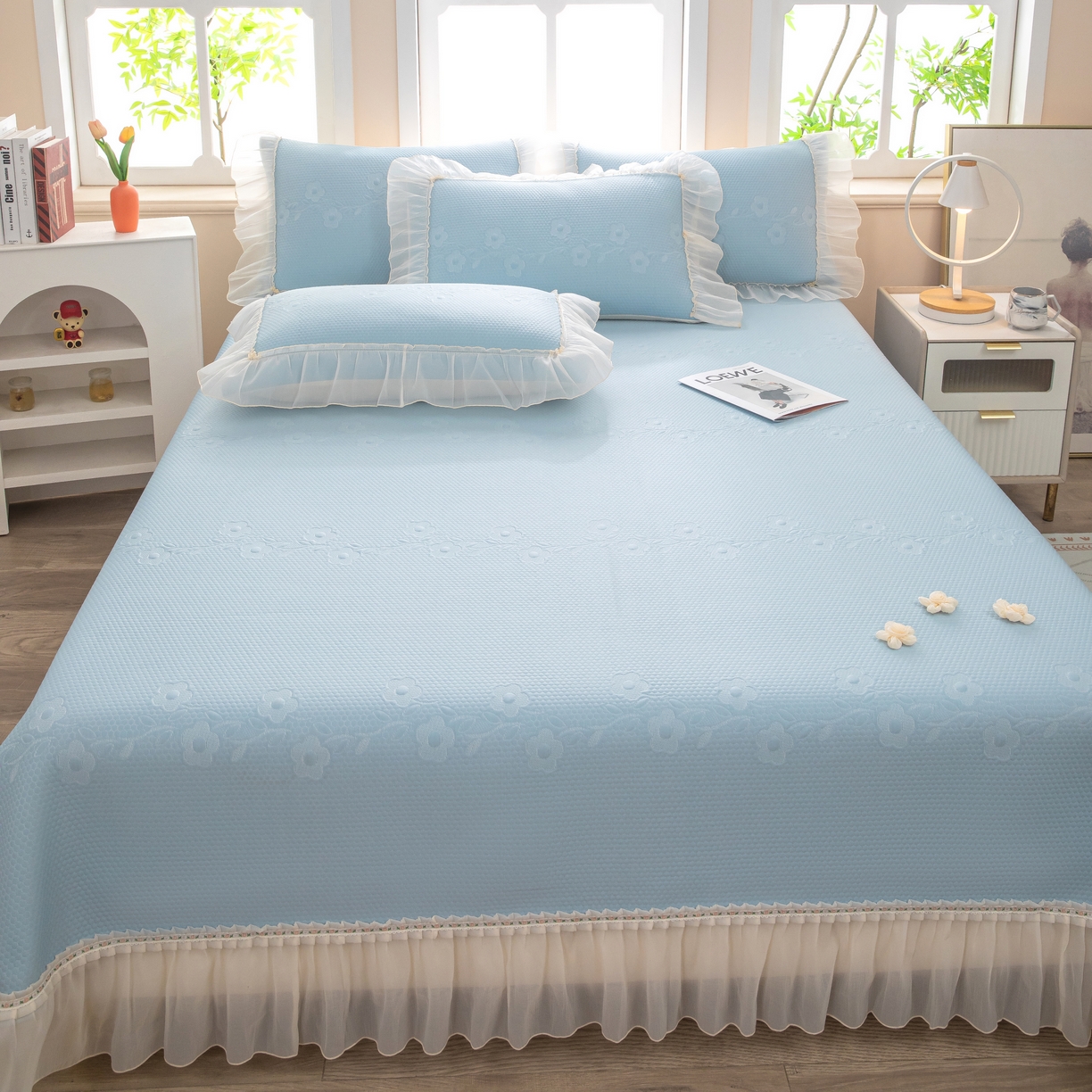 91家纺网 家纺一手货源 找家纺 木兰花 2026新款凉豆豆款PE高分子复合凉感席床盖款凉席三件套-朝花夕拾（可配同色系夏被）控价218 朝花夕拾-蓝色