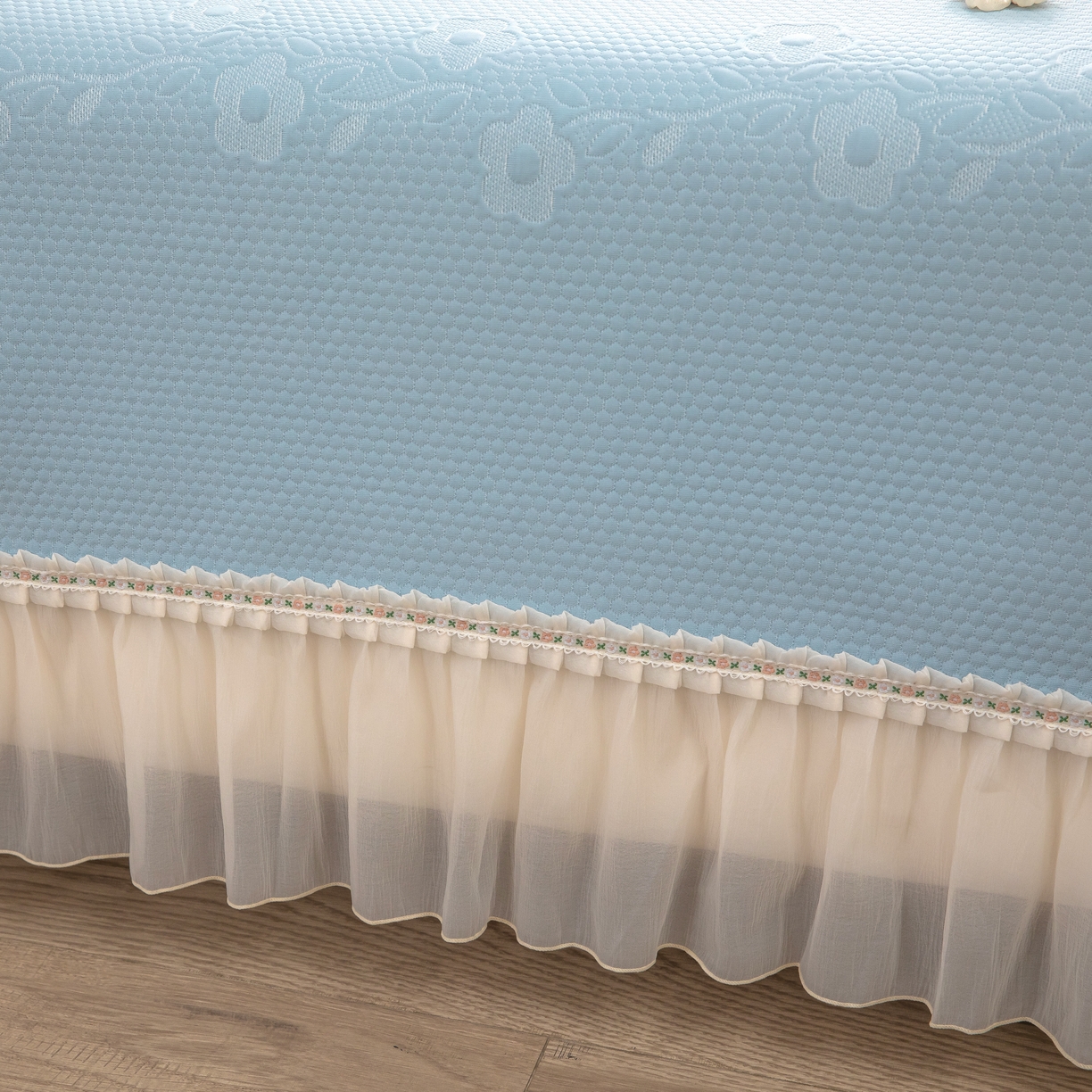 91家纺网 家纺一手货源 找家纺 木兰花 2026新款凉豆豆款PE高分子复合凉感席床盖款凉席三件套-朝花夕拾（可配同色系夏被）控价218 朝花夕拾-蓝色