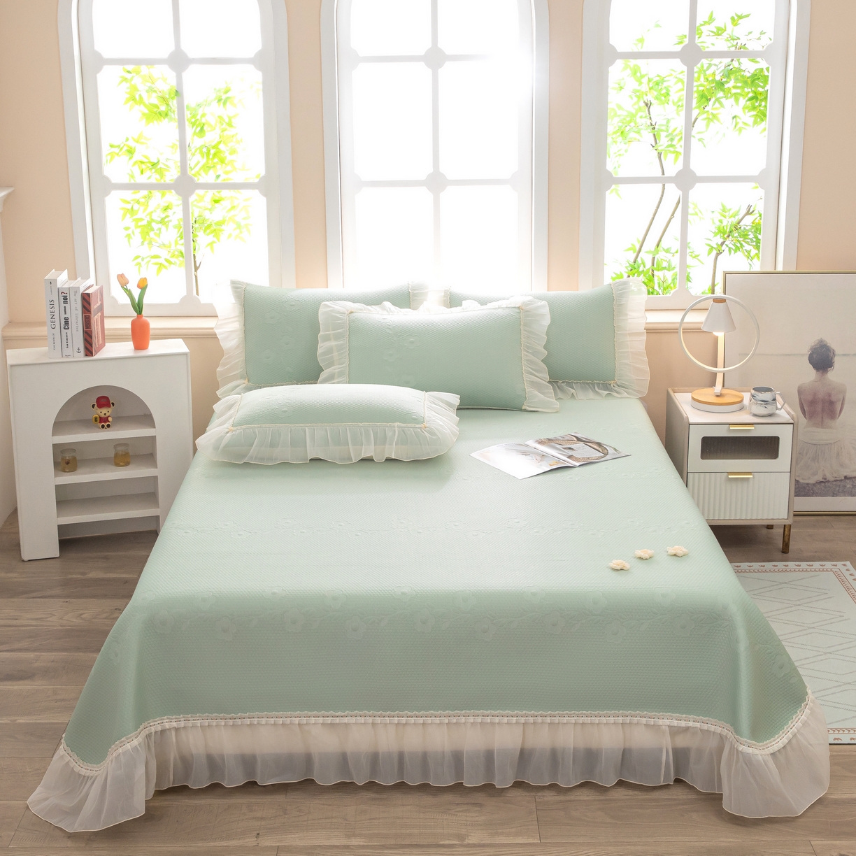 91家纺网 家纺一手货源 找家纺 木兰花 2026新款凉豆豆款PE高分子复合凉感席床盖款凉席三件套-朝花夕拾（可配同色系夏被）控价218 朝花夕拾-绿色