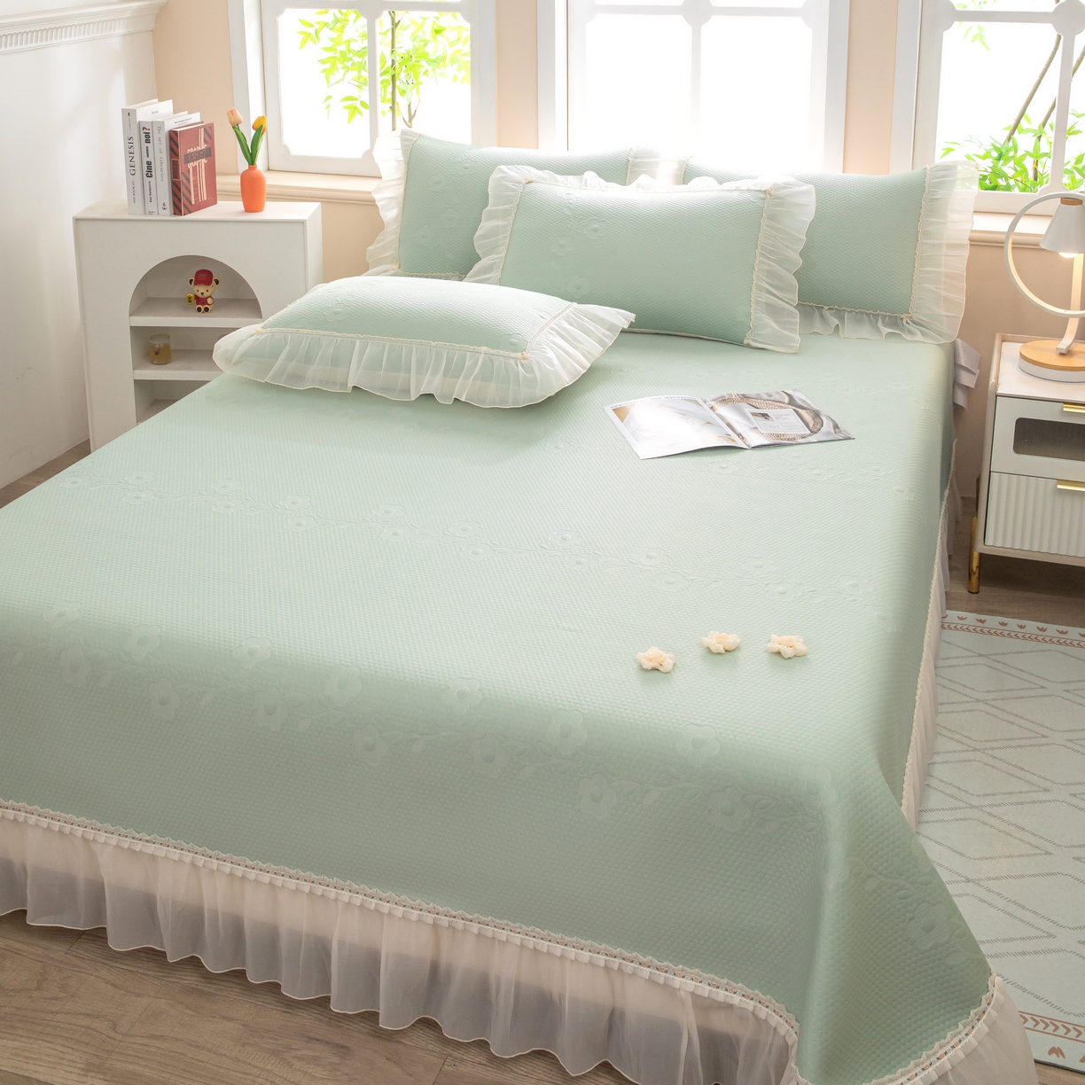 91家纺网 家纺一手货源 找家纺 木兰花 2026新款凉豆豆款PE高分子复合凉感席床盖款凉席三件套-朝花夕拾（可配同色系夏被）控价218 朝花夕拾-绿色