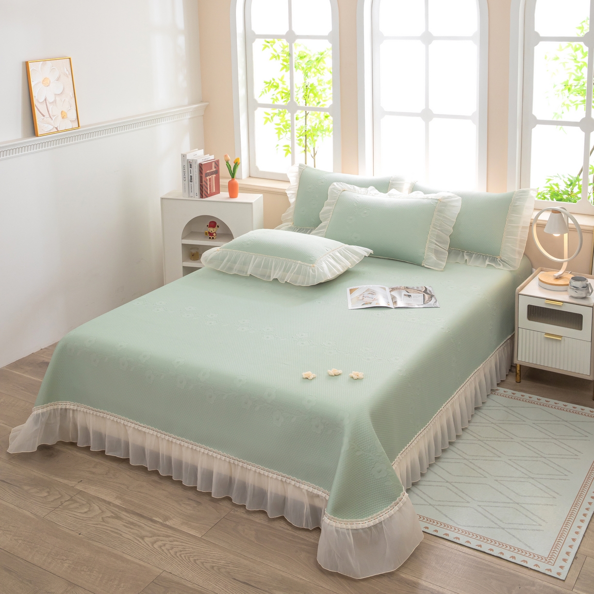 91家纺网 家纺一手货源 找家纺 木兰花 2026新款凉豆豆款PE高分子复合凉感席床盖款凉席三件套-朝花夕拾（可配同色系夏被）控价218 朝花夕拾-绿色