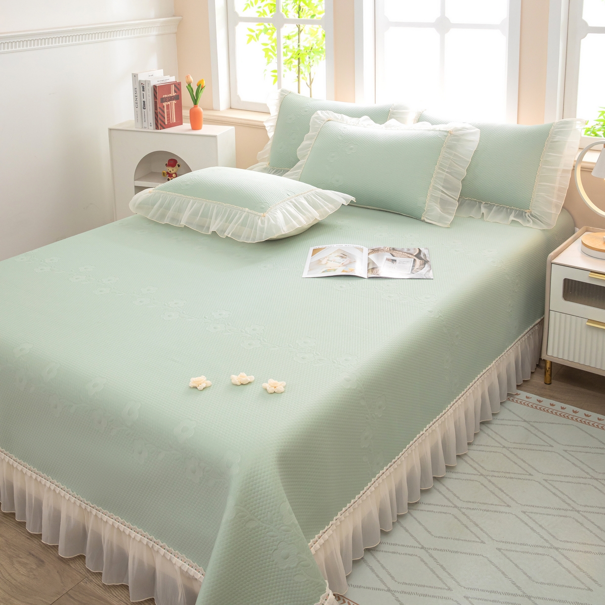 91家纺网 家纺一手货源 找家纺 木兰花 2026新款凉豆豆款PE高分子复合凉感席床盖款凉席三件套-朝花夕拾（可配同色系夏被）控价218 朝花夕拾-绿色