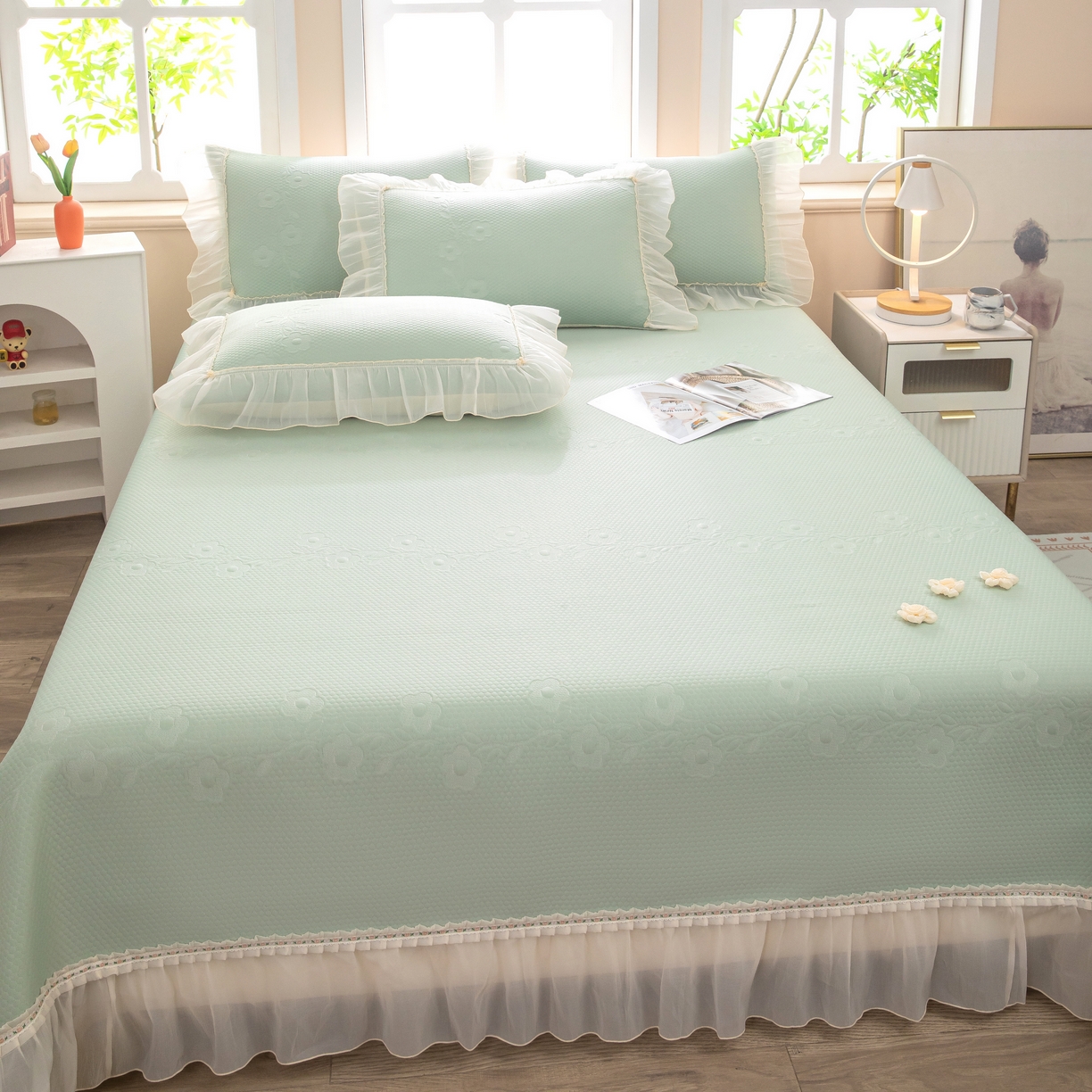 91家纺网 家纺一手货源 找家纺 木兰花 2026新款凉豆豆款PE高分子复合凉感席床盖款凉席三件套-朝花夕拾（可配同色系夏被）控价218 朝花夕拾-绿色