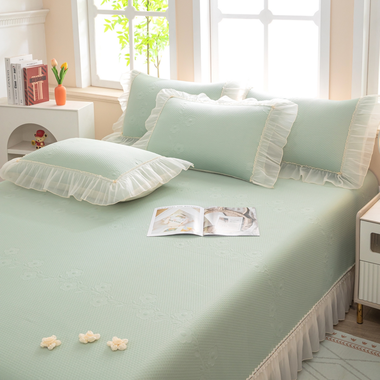 91家纺网 家纺一手货源 找家纺 木兰花 2026新款凉豆豆款PE高分子复合凉感席床盖款凉席三件套-朝花夕拾（可配同色系夏被）控价218 朝花夕拾-绿色