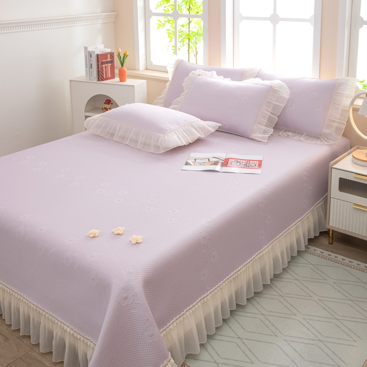 91家纺网 家纺一手货源 找家纺 木兰花 2026新款凉豆豆款PE高分子复合凉感席床盖款凉席三件套-朝花夕拾（可配同色系夏被）控价218 朝花夕拾-紫色