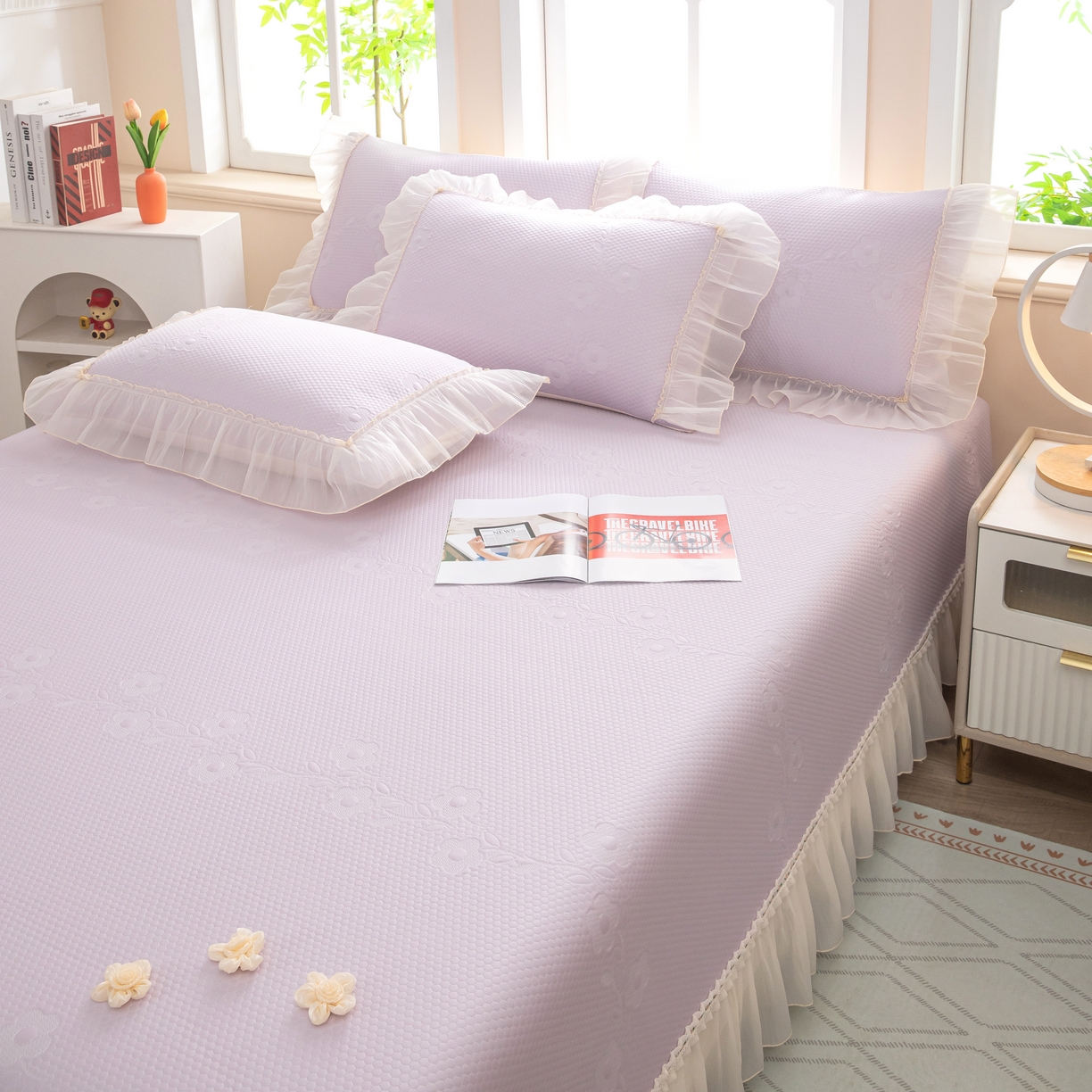 91家纺网 家纺一手货源 找家纺 木兰花 2026新款凉豆豆款PE高分子复合凉感席床盖款凉席三件套-朝花夕拾（可配同色系夏被）控价218 朝花夕拾-紫色