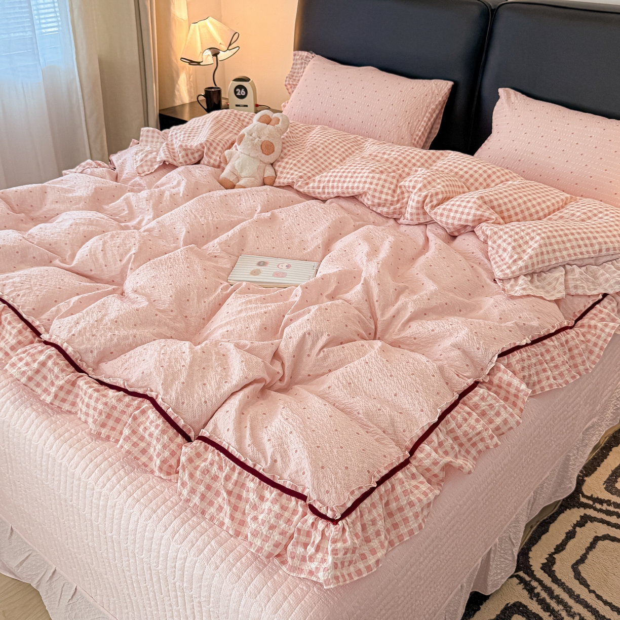 91家纺网 家纺一手货源 找家纺 （总）子钦家纺 春夏新款提花泡芙棉立体双层花边简约韩系风床盖四件套-安娜