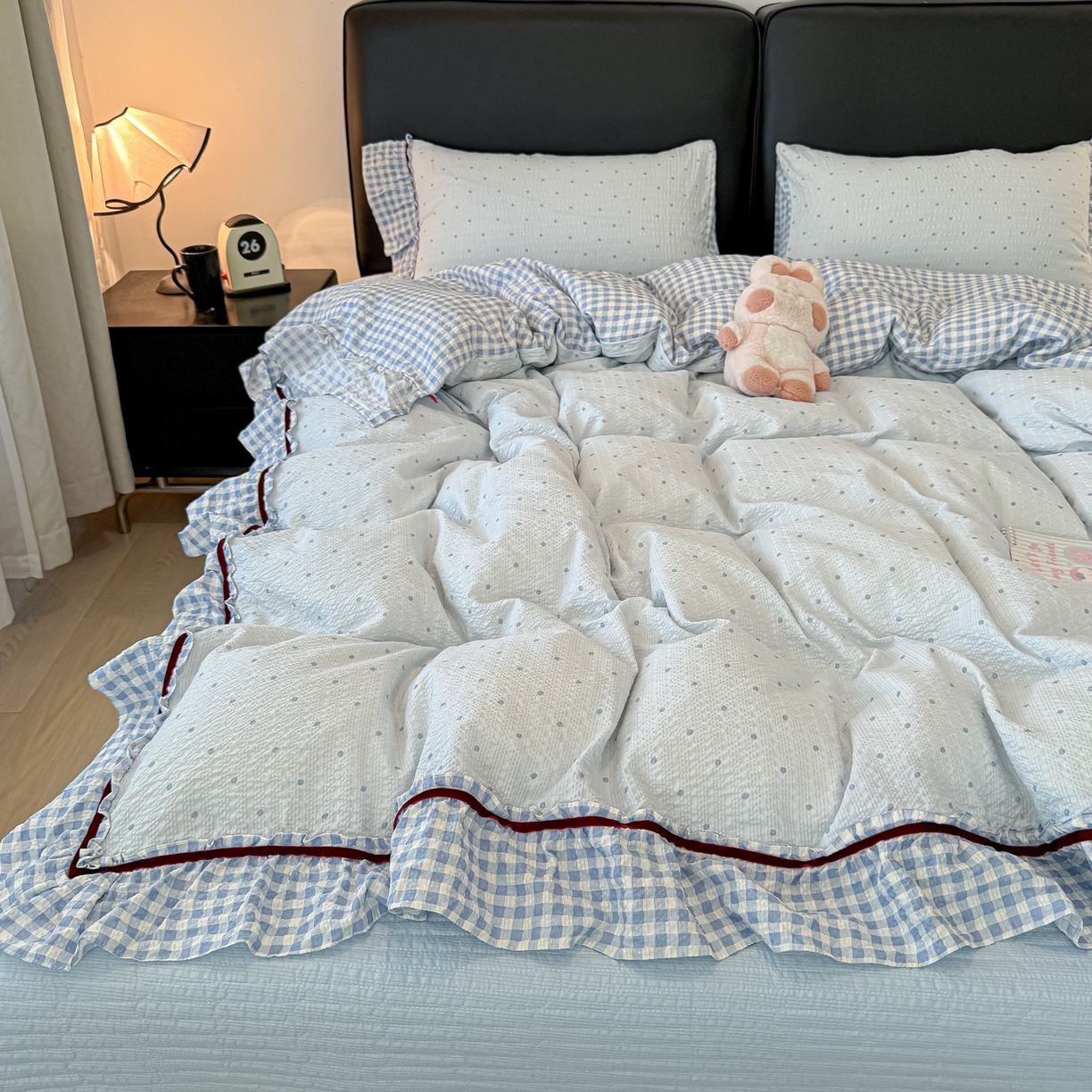 子钦家纺 春夏新款提花泡芙棉立体双层花边简约韩系风床盖四件套-安娜 安娜-蓝小格