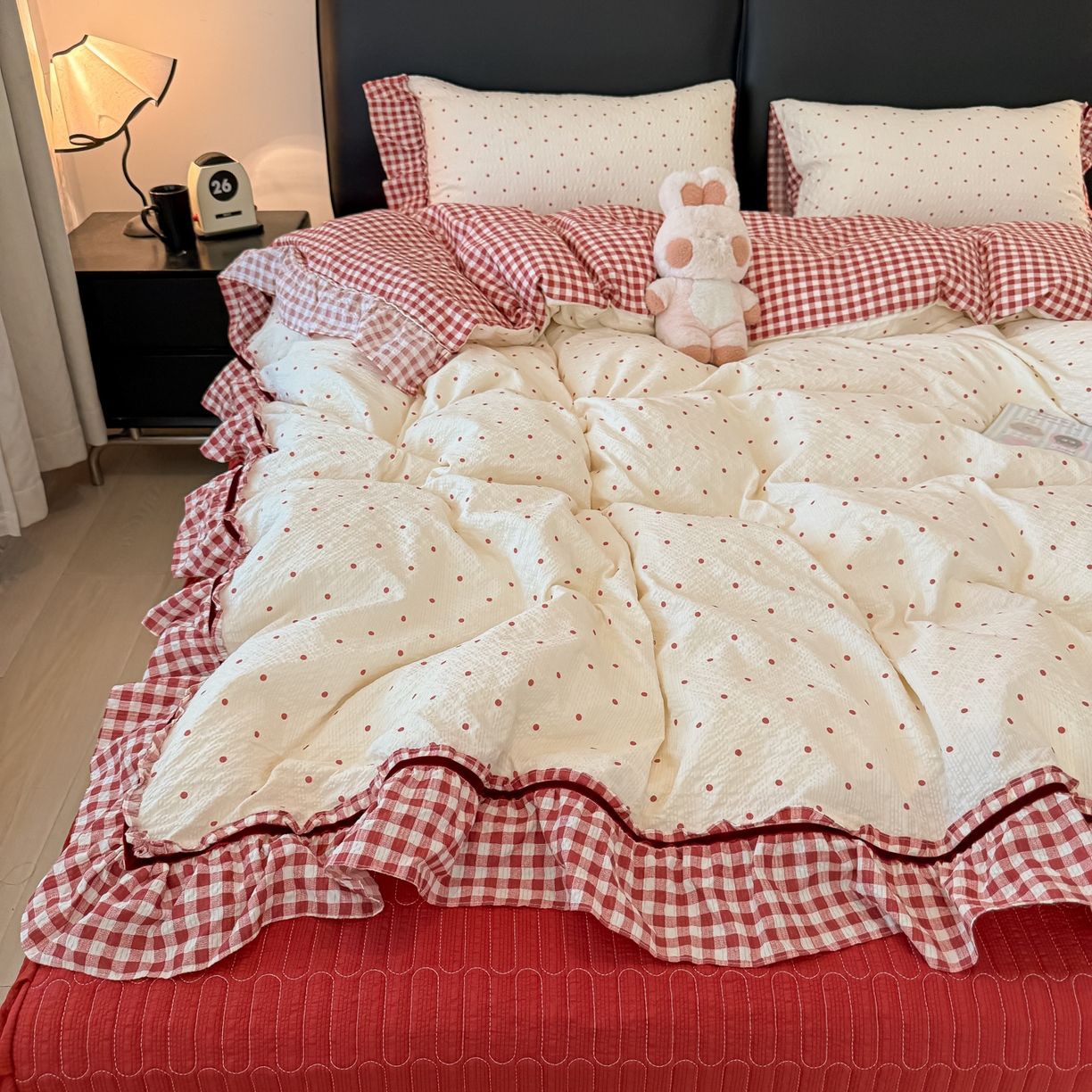 子钦家纺 春夏新款提花泡芙棉立体双层花边简约韩系风床盖四件套-安娜 安娜-红小格