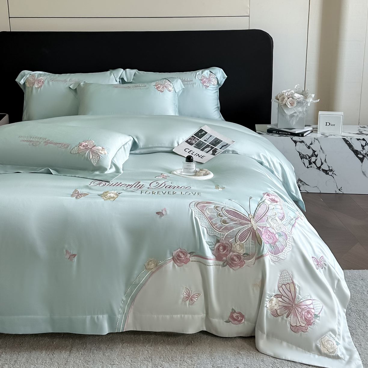 置顶家纺 2026新款水洗天丝刺绣四件套-伊水芙蓉 伊水芙蓉-水蓝