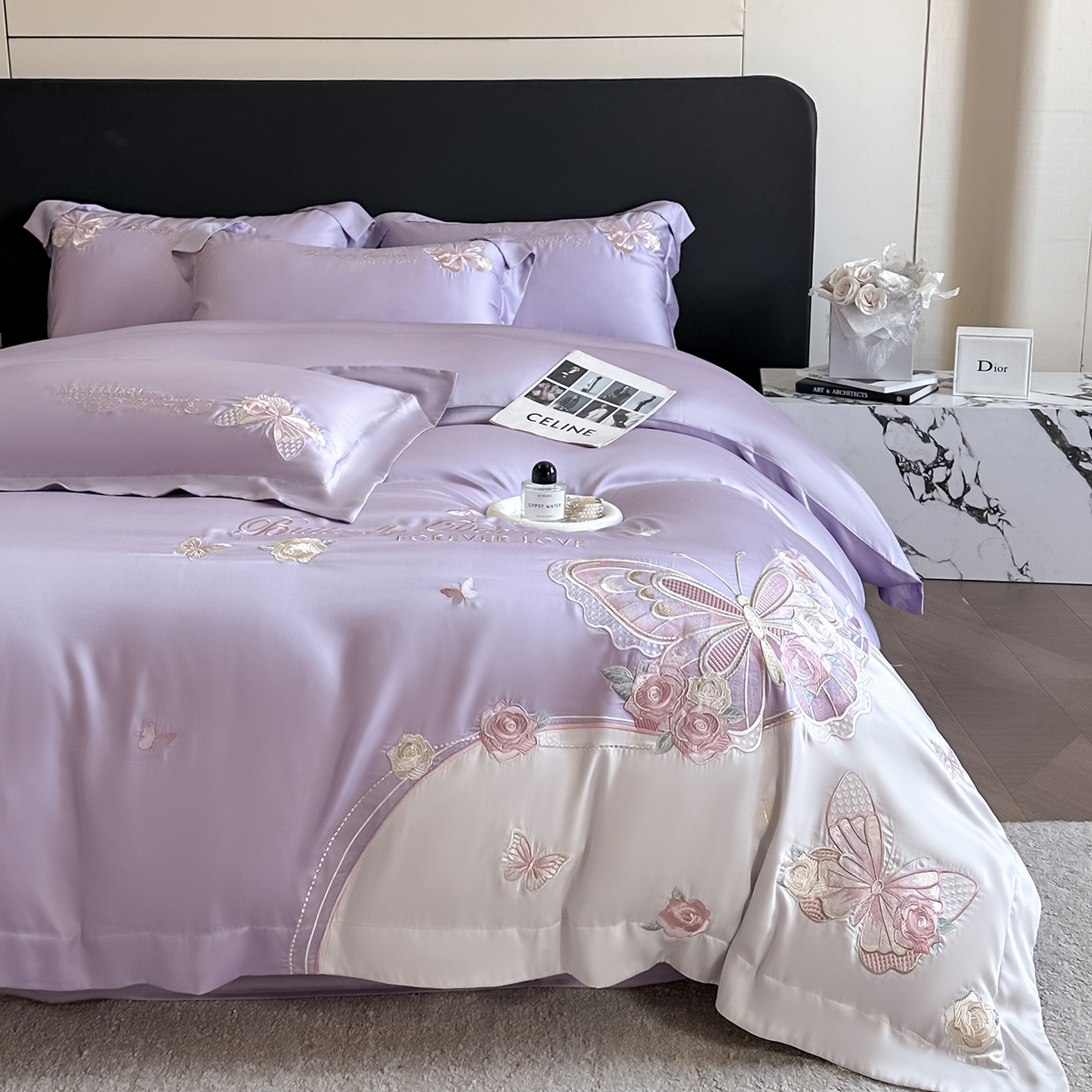 91家纺网 家纺一手货源 找家纺 置顶家纺 2026新款水洗天丝刺绣四件套-伊水芙蓉 伊水芙蓉-香芋紫