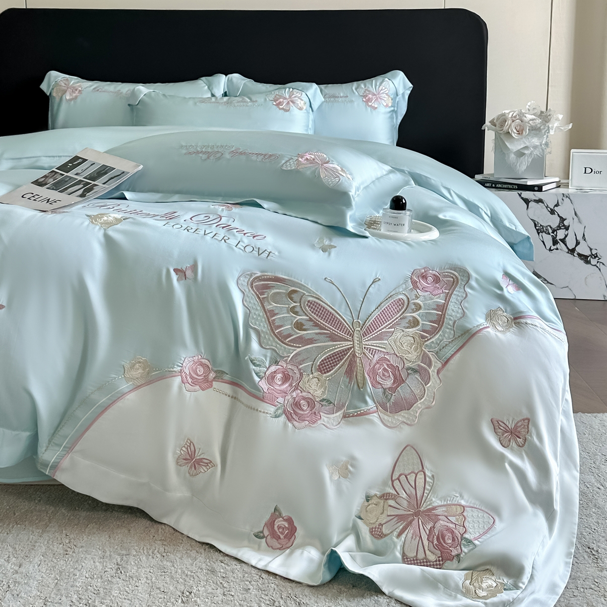 91家纺网 家纺一手货源 找家纺 置顶家纺 2026新款水洗天丝刺绣四件套-伊水芙蓉 伊水芙蓉-浅蓝