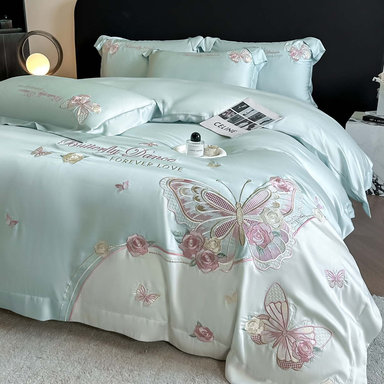 91家纺网 家纺一手货源 找家纺 置顶家纺 2026新款水洗天丝刺绣四件套-伊水芙蓉 伊水芙蓉-水蓝