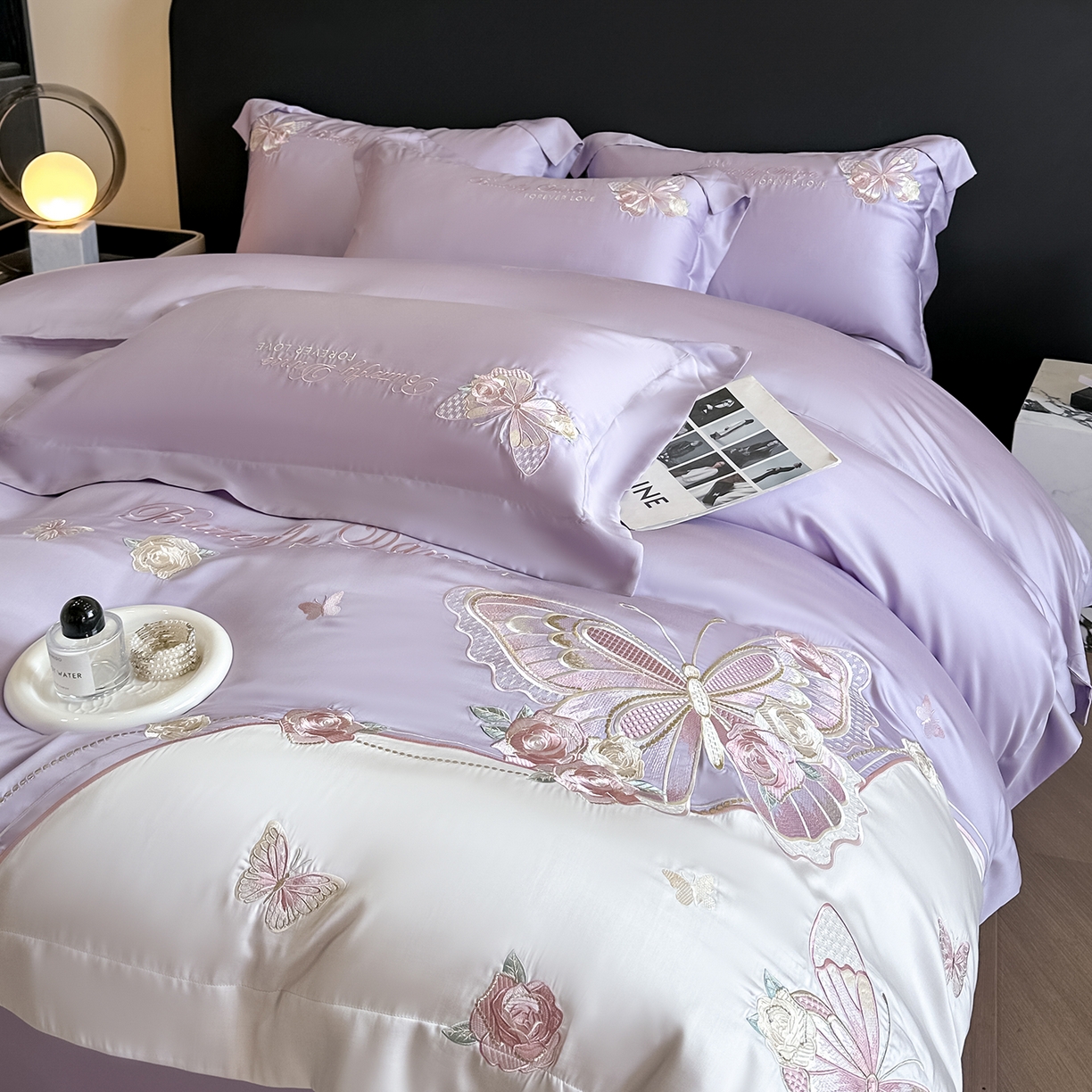 91家纺网 家纺一手货源 找家纺 置顶家纺 2026新款水洗天丝刺绣四件套-伊水芙蓉 伊水芙蓉-香芋紫