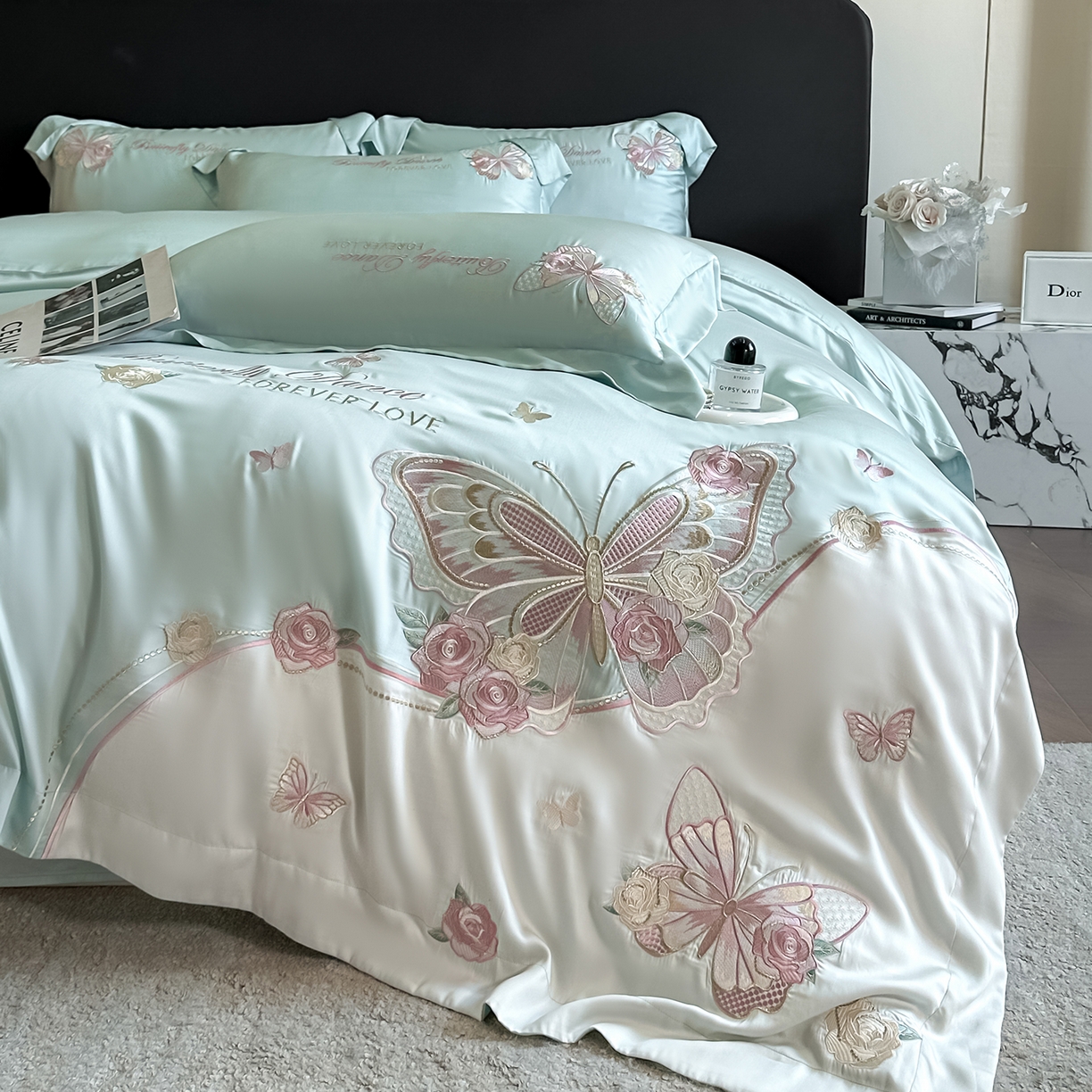 91家纺网 家纺一手货源 找家纺 置顶家纺 2026新款水洗天丝刺绣四件套-伊水芙蓉 伊水芙蓉-水蓝