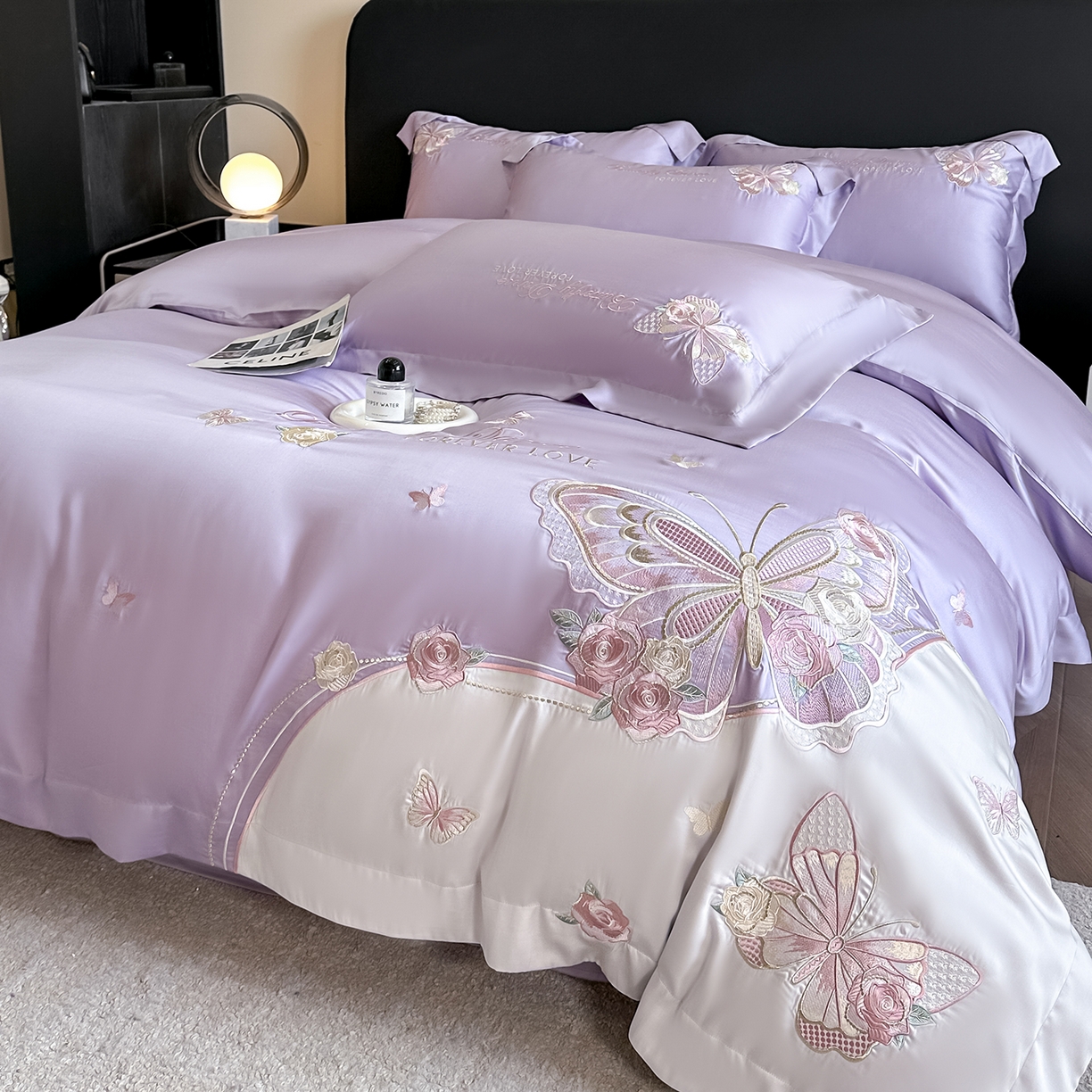 91家纺网 家纺一手货源 找家纺 置顶家纺 2026新款水洗天丝刺绣四件套-伊水芙蓉 伊水芙蓉-香芋紫