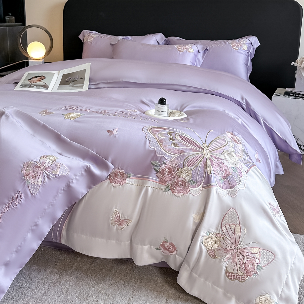 91家纺网 家纺一手货源 找家纺 置顶家纺 2026新款水洗天丝刺绣四件套-伊水芙蓉 伊水芙蓉-香芋紫