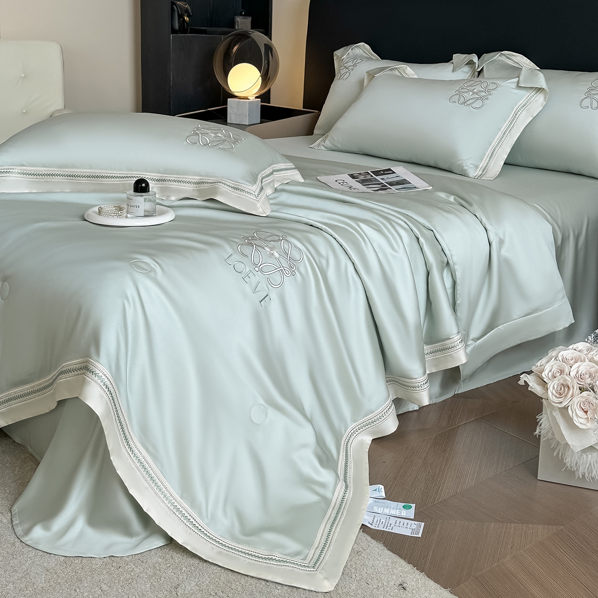 91家纺网 家纺一手货源 找家纺 置顶家纺 2026新款水洗天丝夏被刺绣四件套-夏洛特 夏洛特-繁星蓝