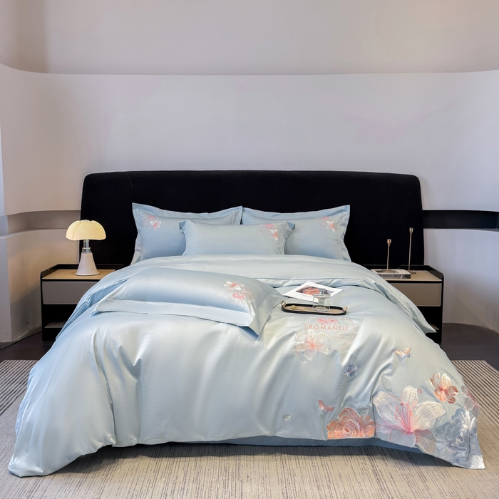 91家纺网 家纺一手货源 找家纺 桃园 新款纯棉全棉长绒棉刺绣绣花四件套  高端礼盒-倾城系列 倾城-飘蓝