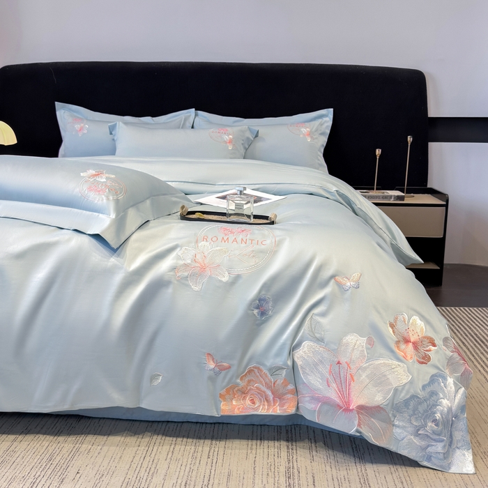 91家纺网 家纺一手货源 找家纺 桃园 新款纯棉全棉长绒棉刺绣绣花四件套  高端礼盒-倾城系列 倾城-飘蓝