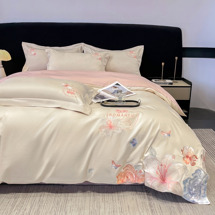 91家纺网 家纺一手货源 找家纺 桃园 新款纯棉全棉长绒棉刺绣绣花四件套  高端礼盒-倾城系列 倾城-白粉