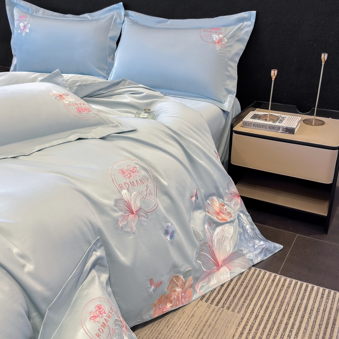 91家纺网 家纺一手货源 找家纺 桃园 新款纯棉全棉长绒棉刺绣绣花四件套  高端礼盒-倾城系列 倾城-飘蓝