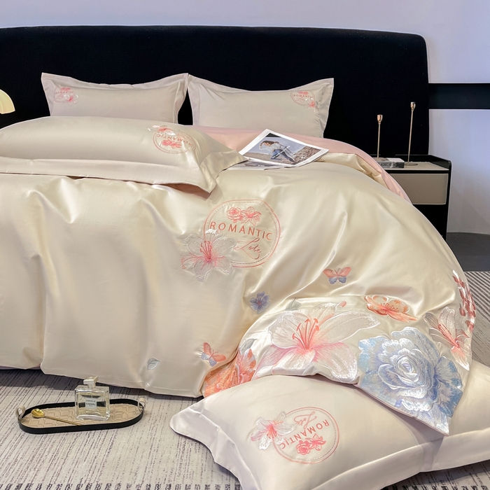 91家纺网 家纺一手货源 找家纺 桃园 新款纯棉全棉长绒棉刺绣绣花四件套  高端礼盒-倾城系列 倾城-白粉