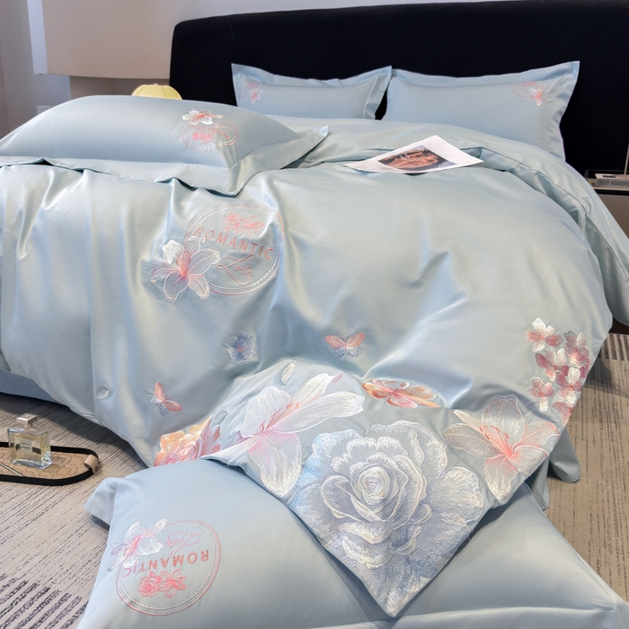 91家纺网 家纺一手货源 找家纺 桃园 新款纯棉全棉长绒棉刺绣绣花四件套  高端礼盒-倾城系列 倾城-飘蓝