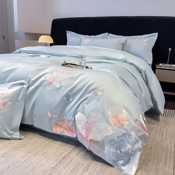 91家纺网 家纺一手货源 找家纺 桃园 新款纯棉全棉长绒棉刺绣绣花四件套  高端礼盒-倾城系列 倾城-飘蓝