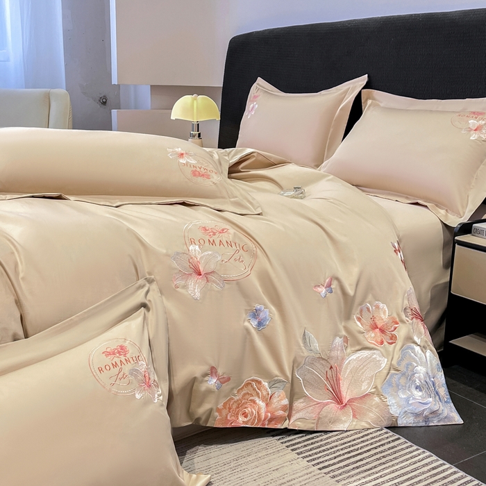 91家纺网 家纺一手货源 找家纺 桃园 新款纯棉全棉长绒棉刺绣绣花四件套  高端礼盒-倾城系列 倾城-香槟