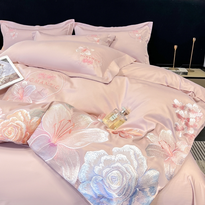 91家纺网 家纺一手货源 找家纺 桃园 新款纯棉全棉长绒棉刺绣绣花四件套  高端礼盒-倾城系列 倾城-轻奢粉