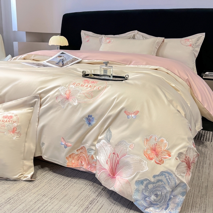 桃园 新款纯棉全棉长绒棉刺绣绣花四件套  高端礼盒-倾城系列 倾城-白粉